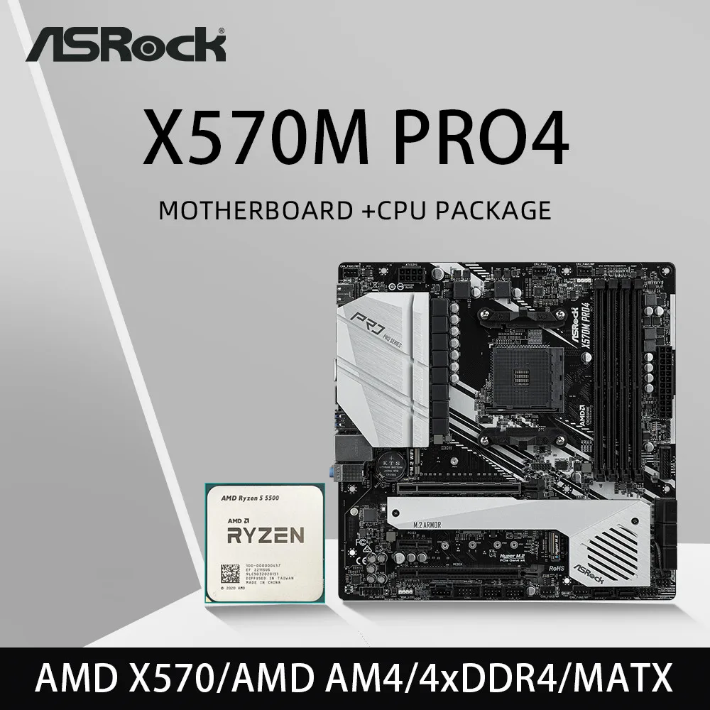 ASRock X570 Motherboard Set Kit with Ryzen 5 5500 CPU X570M Pro4 Motherboard 4xDDR4 M.2 NVME HDMI RGB USB MATX AM4 Mainboard