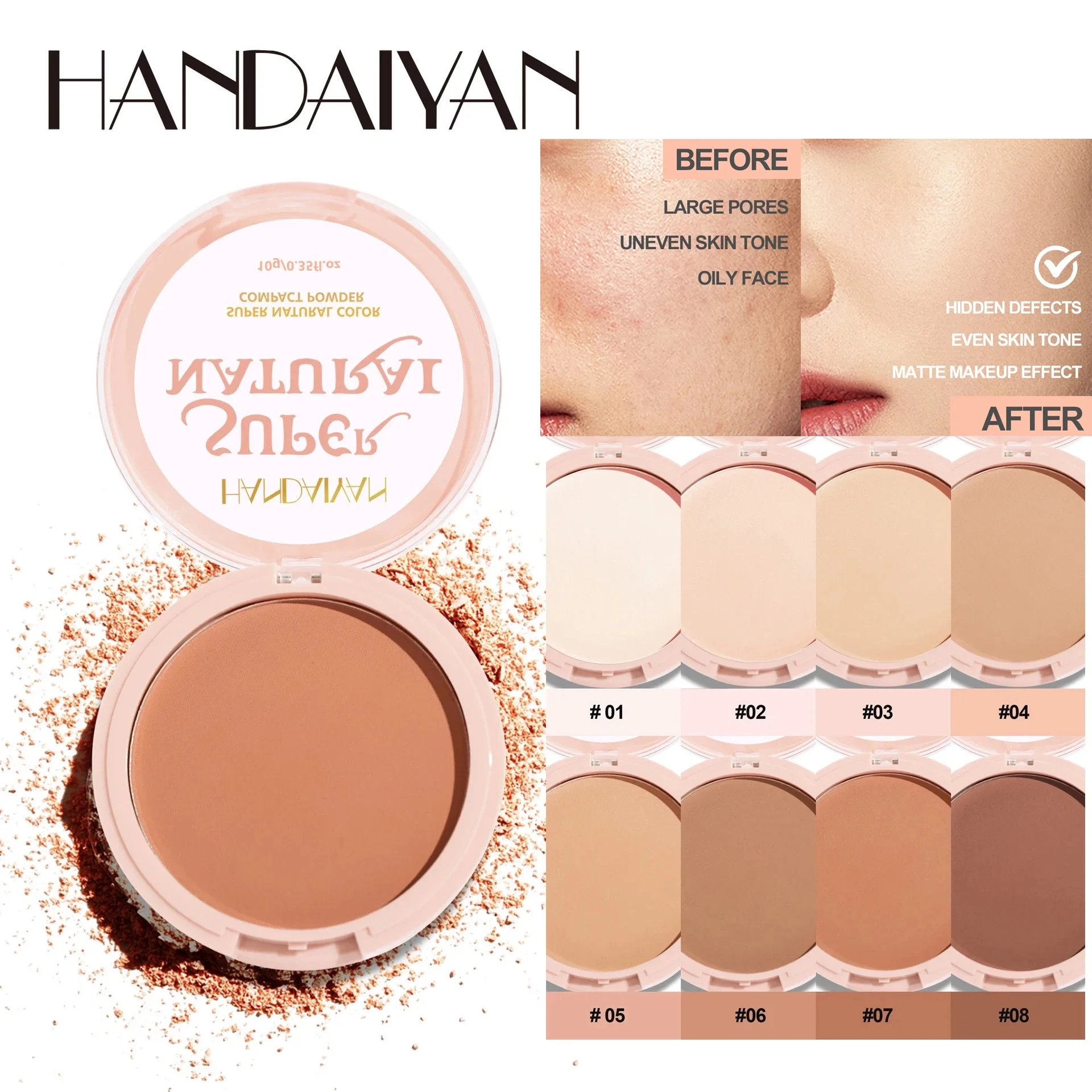 8 Color Matte Face Pressed Powder 24 Hours Oil Control Natural Setting Powder Foundation Full Coverage Waterproof Lasting Makeup