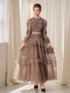 European and American Socialite Spring/Summer 2025 Luxury Sequin Nail Bead Ruffle Fluffy Princess Style Long Performance Dress