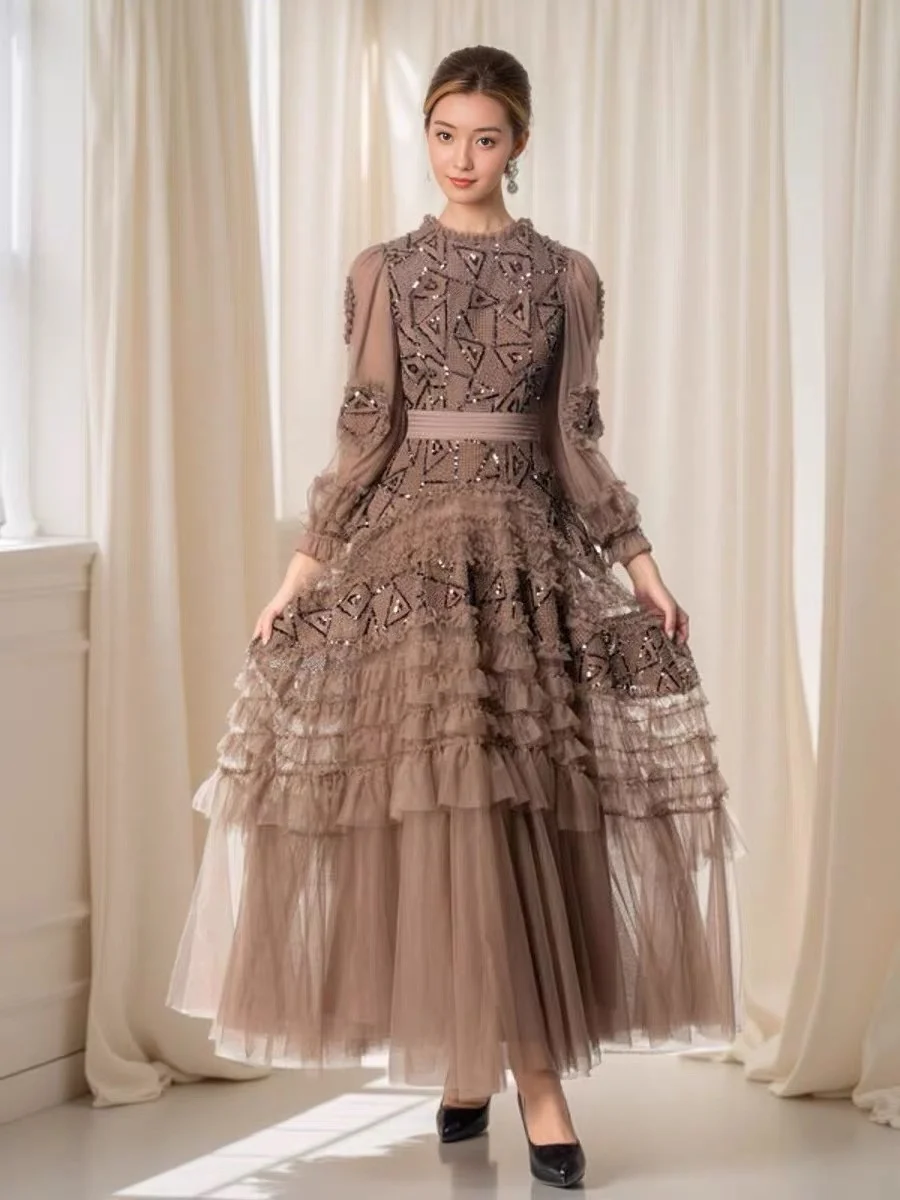 European and American Socialite Spring/Summer 2025 Luxury Sequin Nail Bead Ruffle Fluffy Princess Style Long Performance Dress