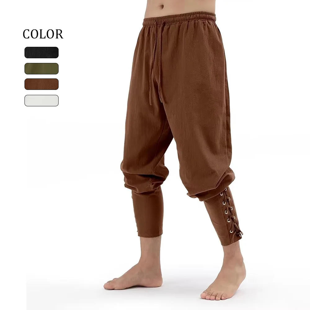 Men's Spring Summer Vintage Men's Medieval Viking Cotton Linen Trousers Halloween Fashion Vintage Men's Bottoms
