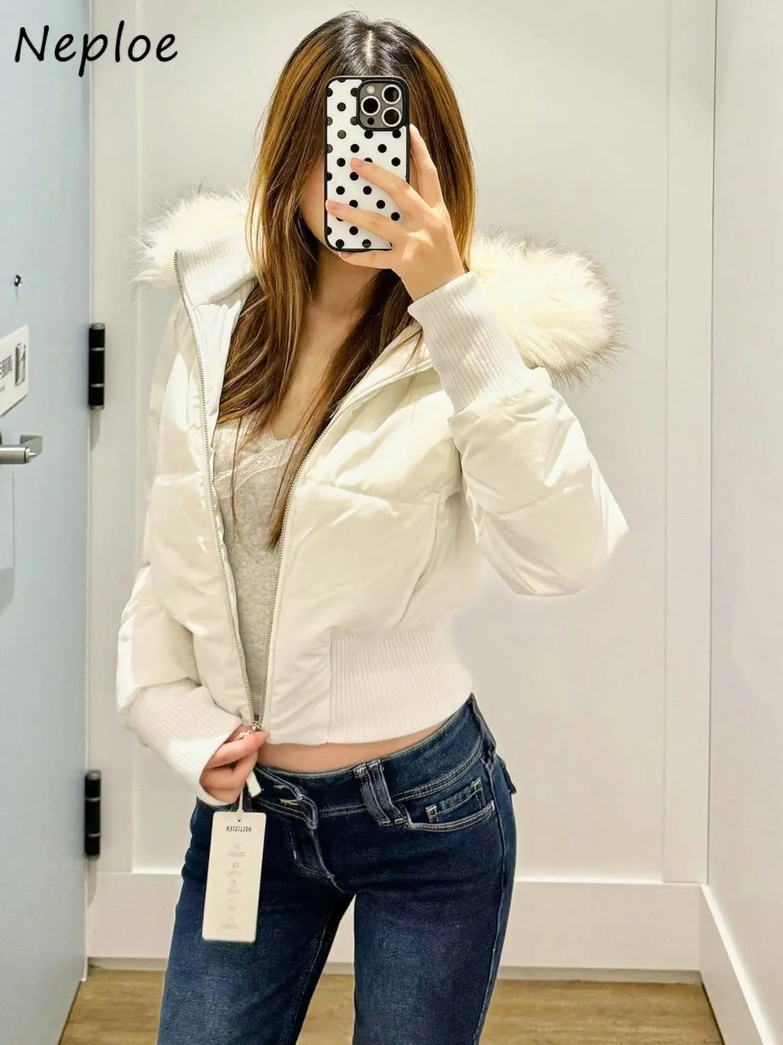 Neploe Fur Collar Hoody Slim Waist Bread Parkas Fashion Premium Elegant Warm Women Clothing Lovely Zip Patchwork Casual Coats