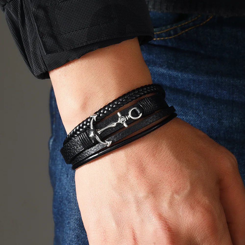 Leather Bracelet For Men Alloy Anchor Leather Bracelet Simple Style, Multi-layer Hand-made Leather Men's Magnet Buckle