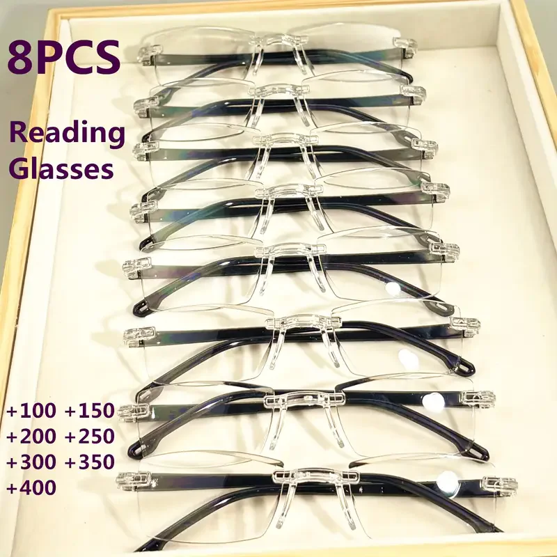 8-Pack Vintage Style Rimless Reading Glasses - Rectangular Frame, Blue Light Blocking, Anti-Fatigue, Unisex, Lightweight PC