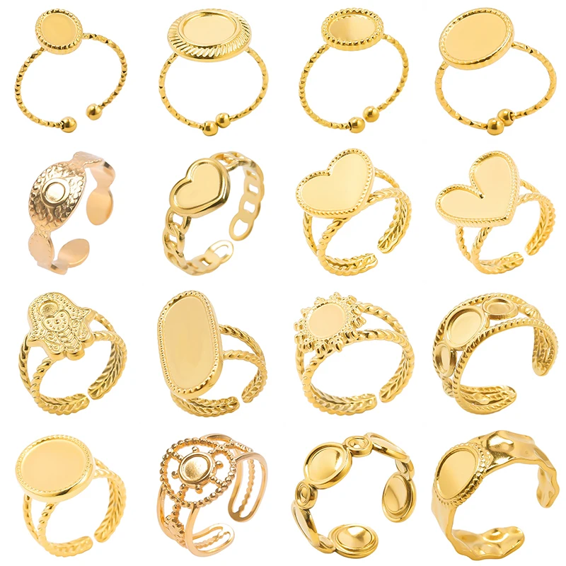 1/5pcs Real Gold Plated Round Heart Oval Blank Base Adjustable Stainless Steel Ring For Women Men Accessories DIY Stone Oil Drop