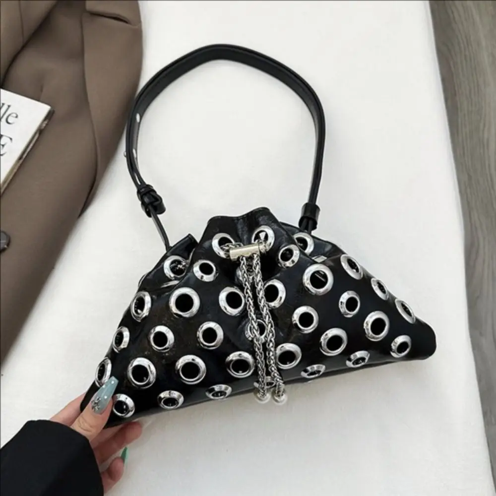 Portable Metal Stud Rivet Shoulder Bag Spicy Girl Chain Y2k Underarm Bag Punk Style Handbag Drawstring Crossbody Bag Daily