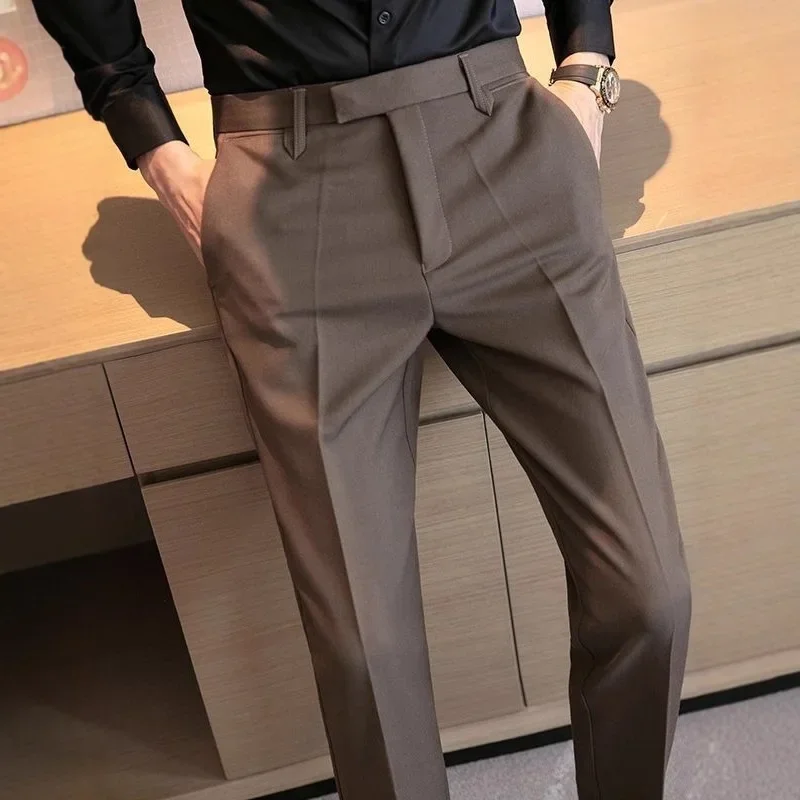 British Style Men's Slim Fit Suit Pants Coffee Color High End Feeling Handsome Business Summer Casual Trousers