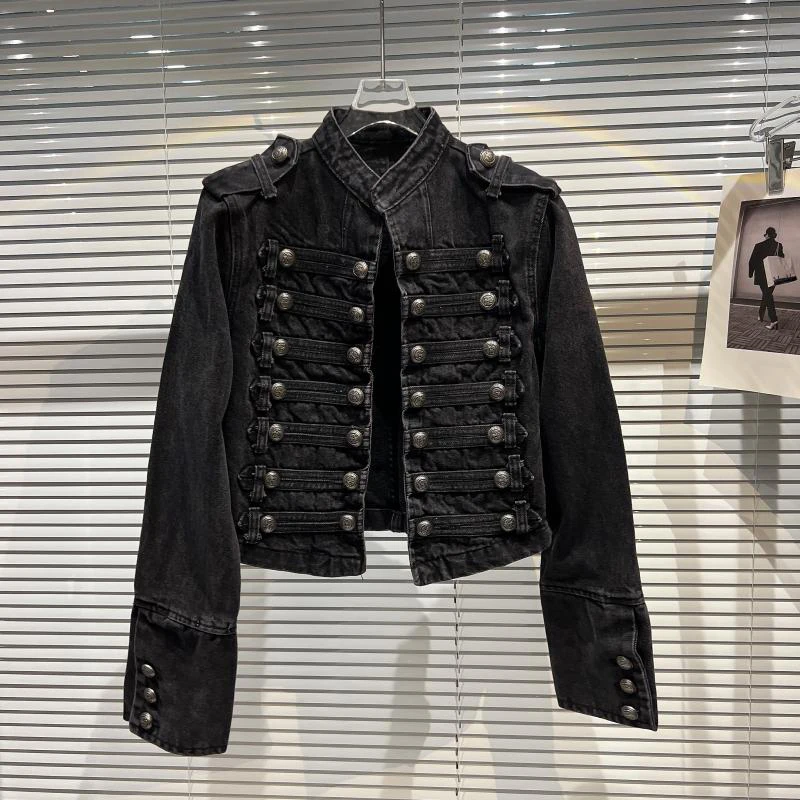 Punk Style Black Stand Up Collar Denim Jackets Vintage Washed Motor Coat For Women 2025 Autumn New Loose Long Sleeve Outerwear