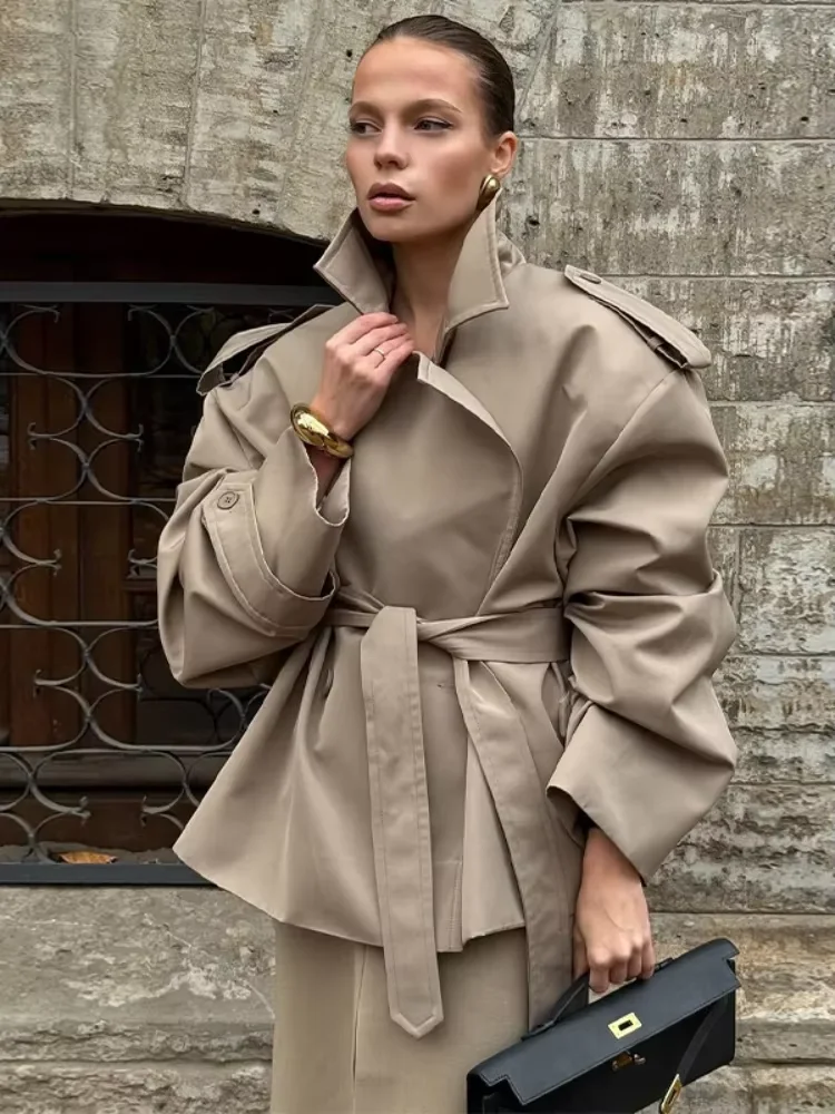 Lapel V-neck Belt Trench Coat Women Lace Up Full Sleeve Button Short Thin Windbreak 2026 Lady New Fashion Daily Street Outerwear