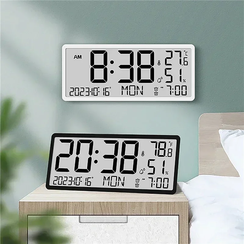 Battery Powered LCD Digital Wall Clock Large Screen Temperature Humidity Electronic Clock Date Week Time Mute Desktop Clock