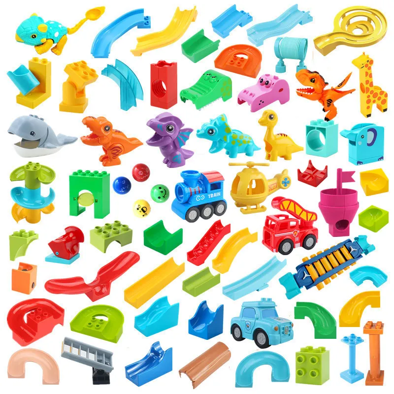 Big Building Blocks Marble Race Run Track Dinosaur Part Compatible Large Brick Rolling Ball Chute Funnel Kids Gift Maze Toy