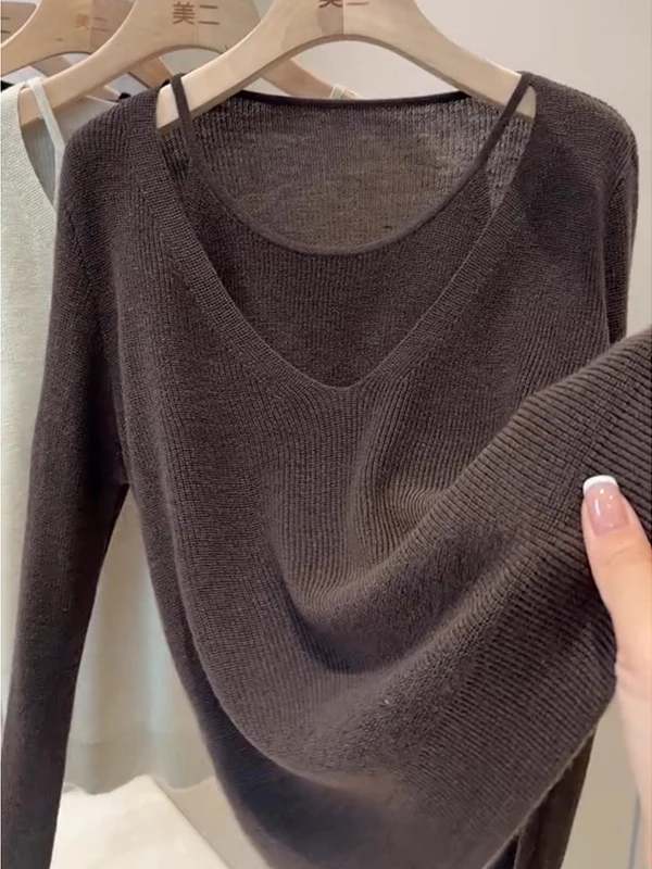 Faionable Long Sve Knitted Sweater Women's Pure Color High End Design Korean Sle Casual V Ne Loose Fit Winter Top
