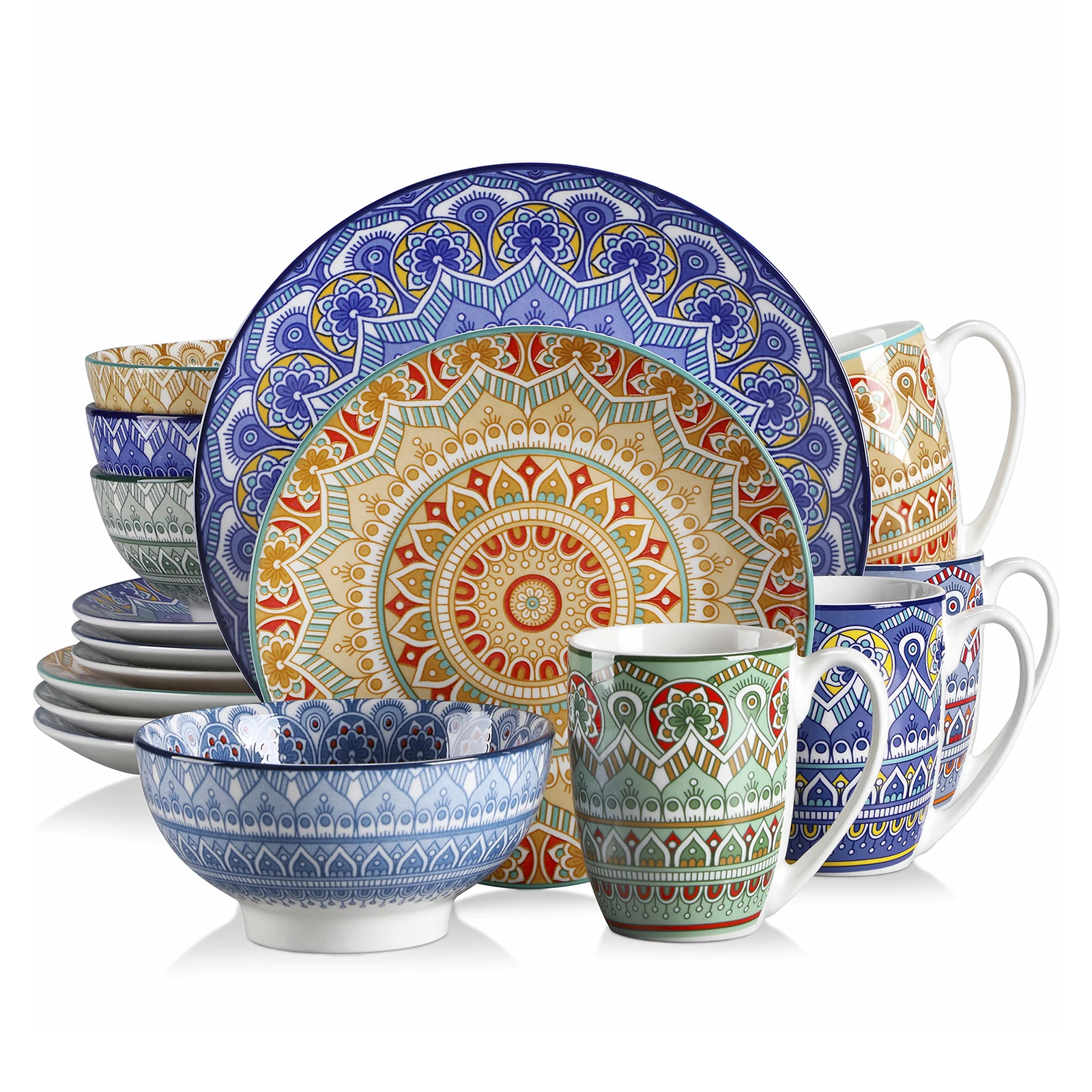 vancasso 16/32-PCS Ceremic Plate Porcelain Dinnerware Set Bohemian Mandala Patterned with Dinner Plate,Dessert Plate,Bowl,Mug