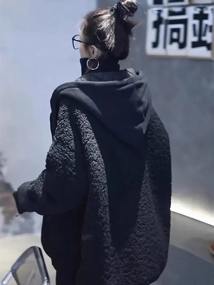 Thiened Fce Women's Cotton Jaet Lamb Fur Parka Korean Sle Coat Medium Length Sve Long Hooded Pure Color Winter Coat