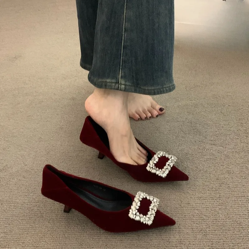 Stiletto Velvet Single Shoes Women's 2025 Spring and Autumn Temperament Pointed Toe Shallow Mouth High Heels