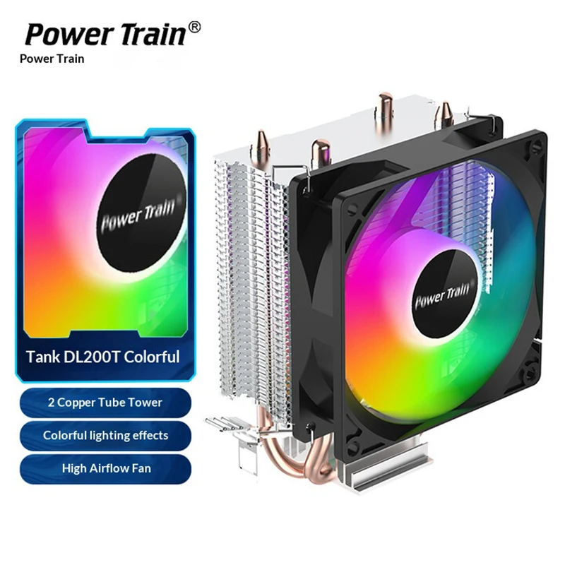 PowerTrain Tank DL200T Colorful Tower CPU Cooler with 2 Copper Tubes for Desktop Computer Air Cooling Fan 1700/115X/1200/775/AM5