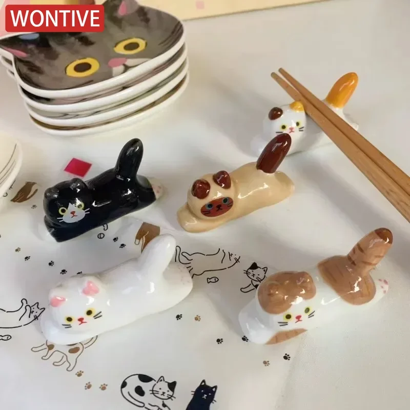 Ceramic Cute Cat Chopstick Holder Tableware Japanese Style Underglaze Restaurant Simple Oval Spoon Bracket Utensil for Kitchen