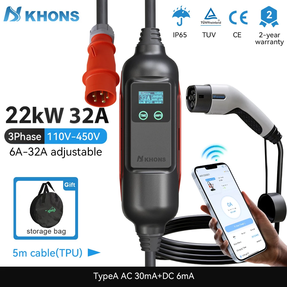 Khons Portable EV Charger Type2 32A 22KW EVSE 3Phase Charger Red CEE Plug Suitable For EV Charging WIFI-APP Control 5M Cable