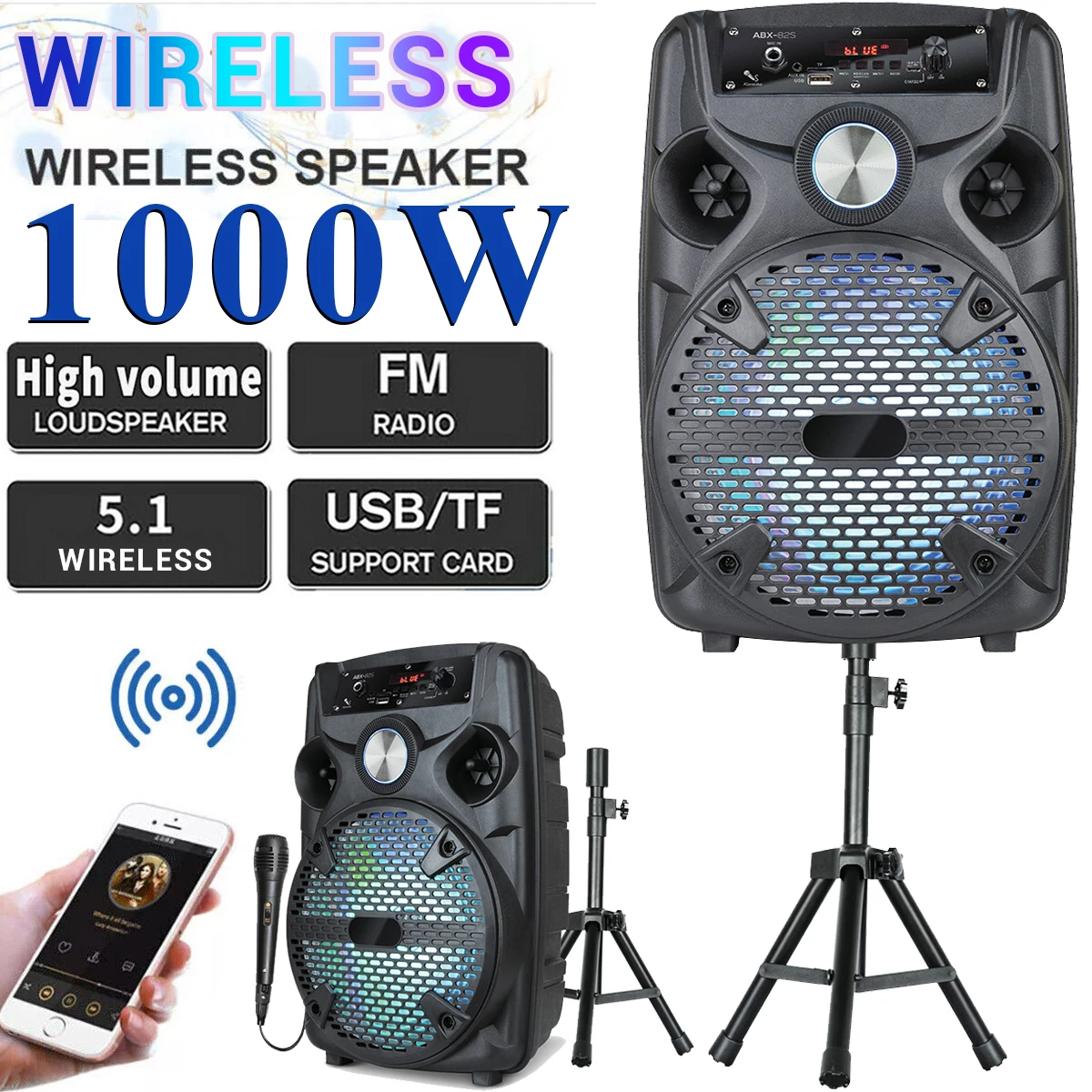 1000W Portable FM Bluetooth Speaker 8'' Subwoofer Loud Stereo Sound System With Stand LED Light & Microphone For Outdoor Travel