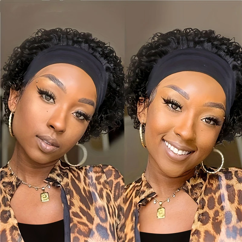 Short Headband Wig Human Hair Wigs Pixie Cut Curly Wig Colored 6 Inches Human Hair Machine Made