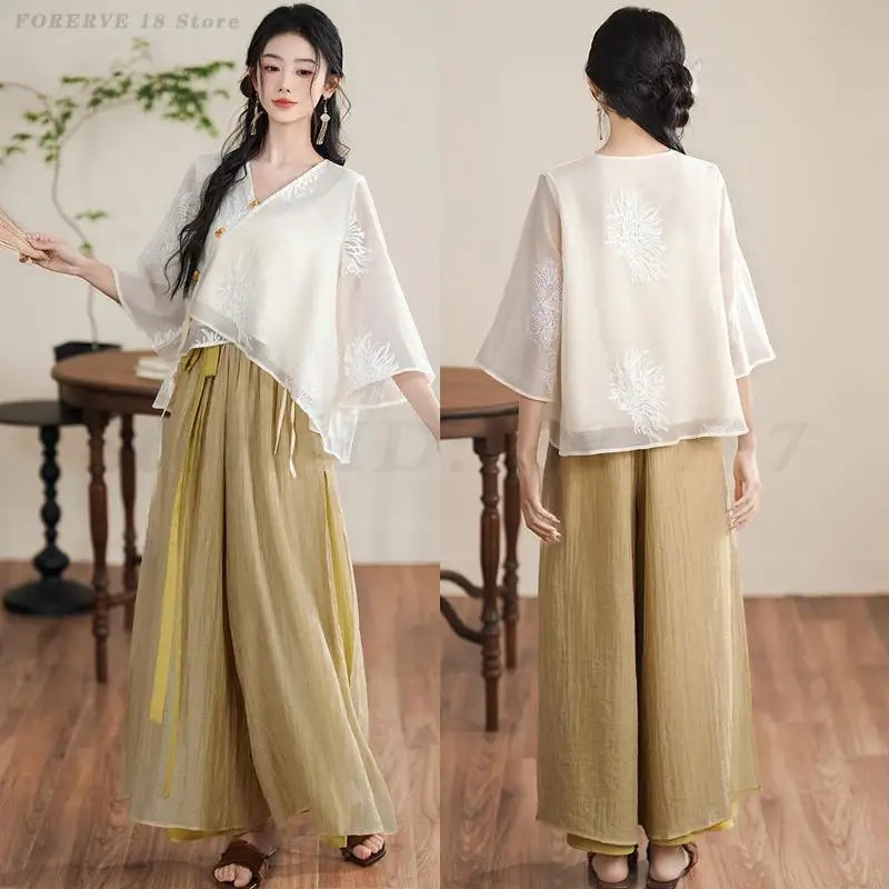 Chinese Ethnic Style Clothes for Women Suits Elegant Zen Tea Set Spring Summer Short Sleeved Shirt Vintage Traditional Hanfu