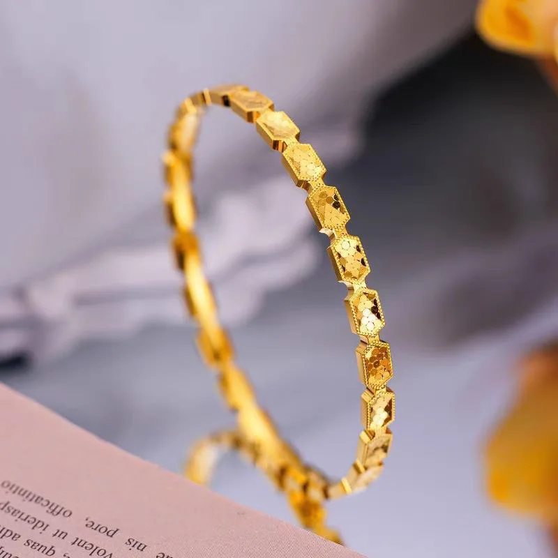 Genuine 18K Gold Color Bangle for Women Elegant Hexagonal Honeycomb Glitter Bracelet Bangle Party Birthday Fine Jewelry Gifts