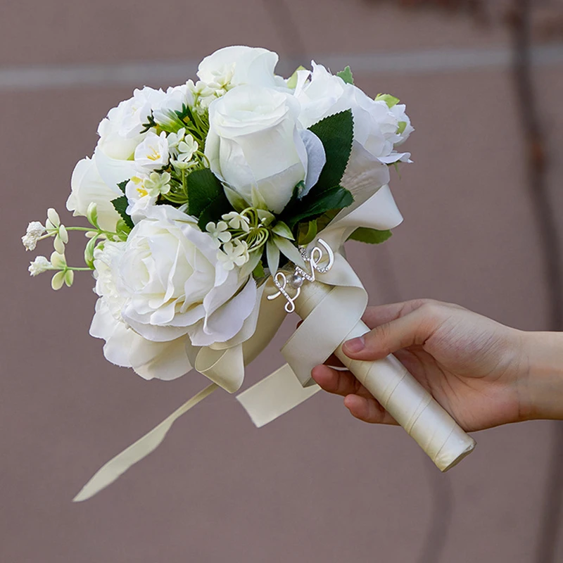 Yannew White Wedding Bouquets for Bride Bridesmaid Artificial Rose Peony Bridal Bouquet for Rustic Wedding Ceremony Decoration