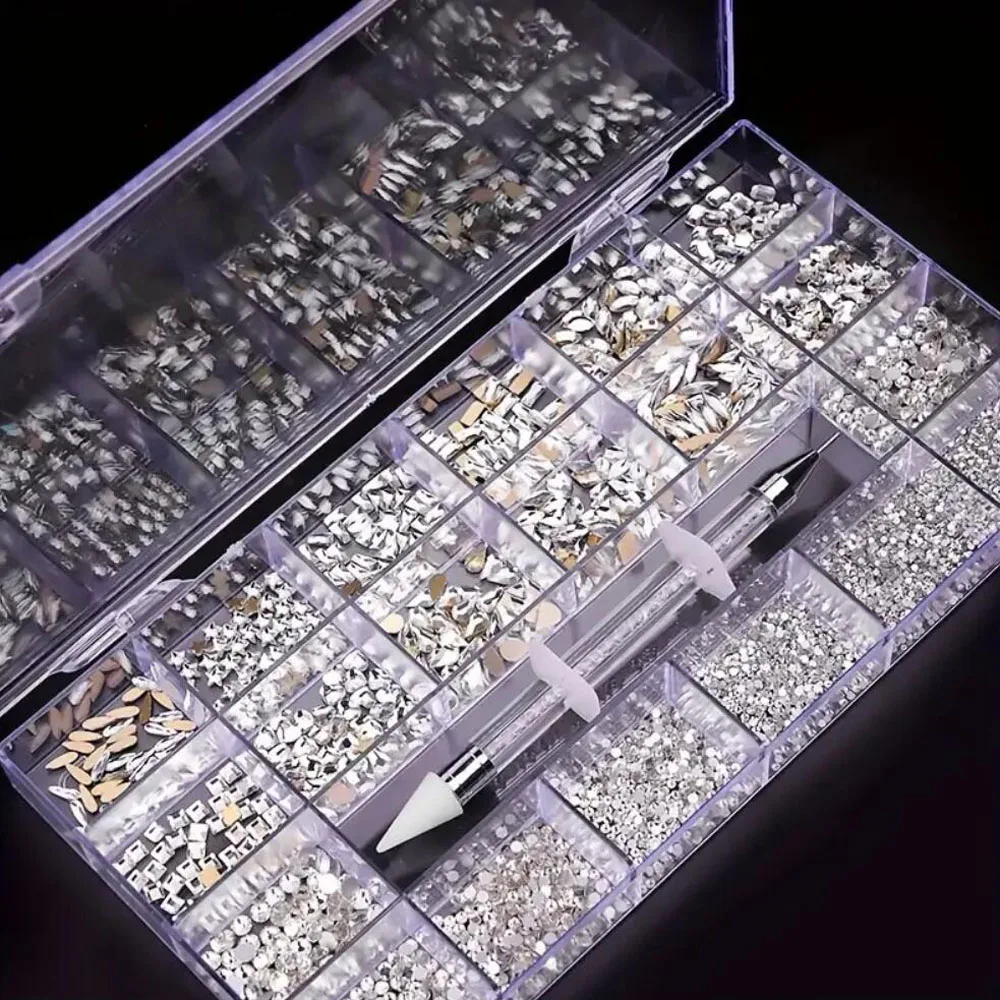 2500pcs Glass Crystal Diamond Nail Art Rhinestones 21 Grid Box Luxury Jewelry Gems Nail Charm Accessories Set With 1 Pick Up Pen