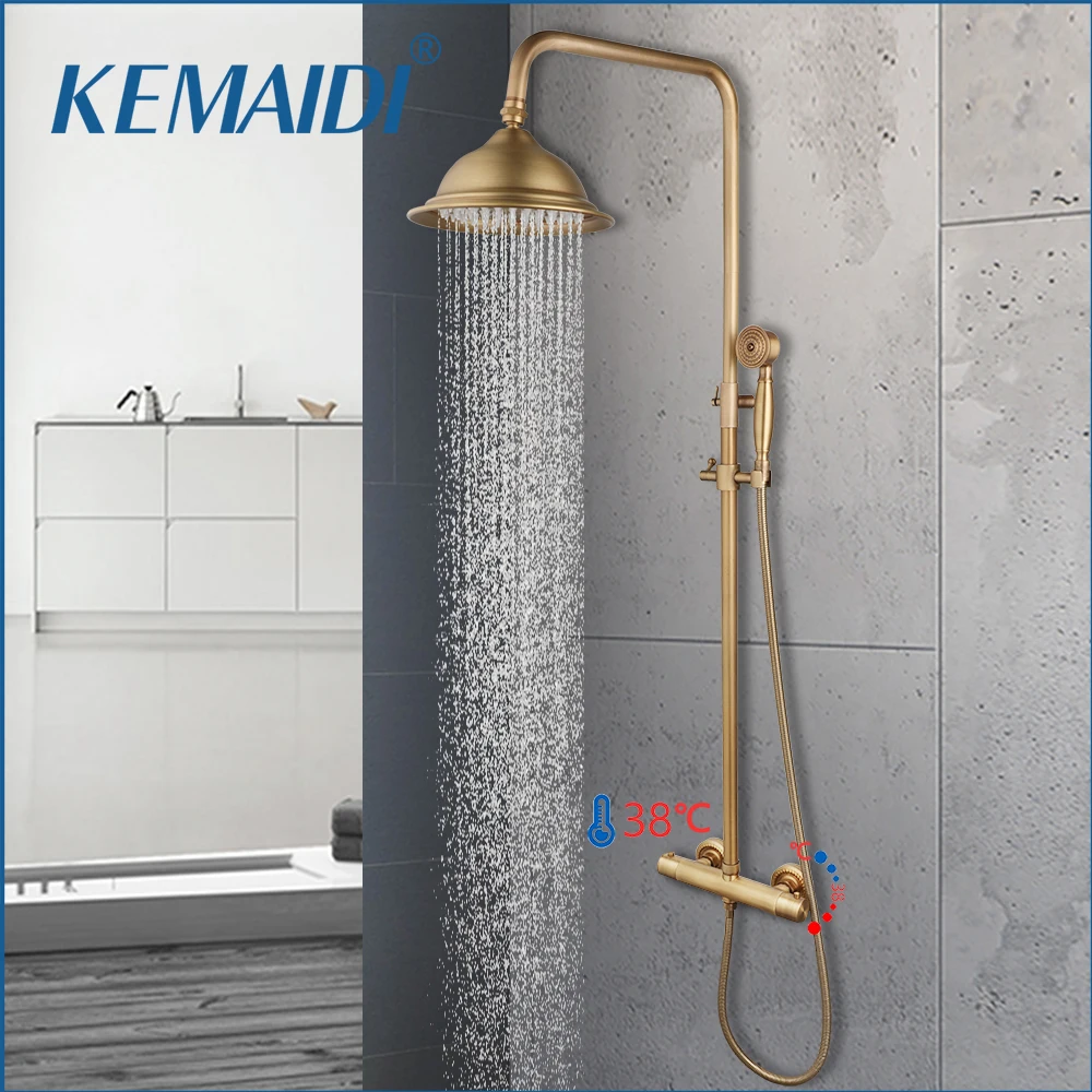 KEMAIDI Antique Brass Thermostatic Bathroom Shower Faucet Set Rainfall Shower Systerm Constant Temperature Bathtub Mixer Tap