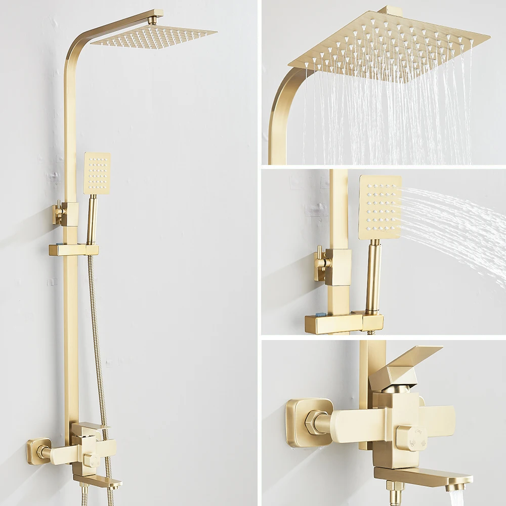 Gold Brushed Shower System 3 in 1 with Rain Handheld Shower Swivel Spout Shower For Bathroom Bathtub Shower Faucet
