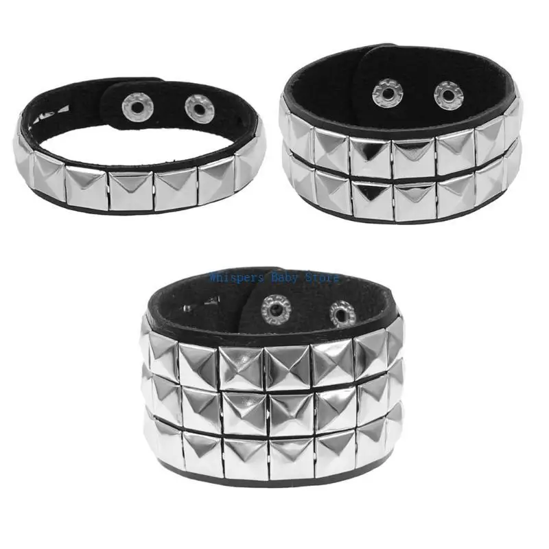 U90E Leather Punk Bracelet with Square Studs Statement Bracelet Leather Texture