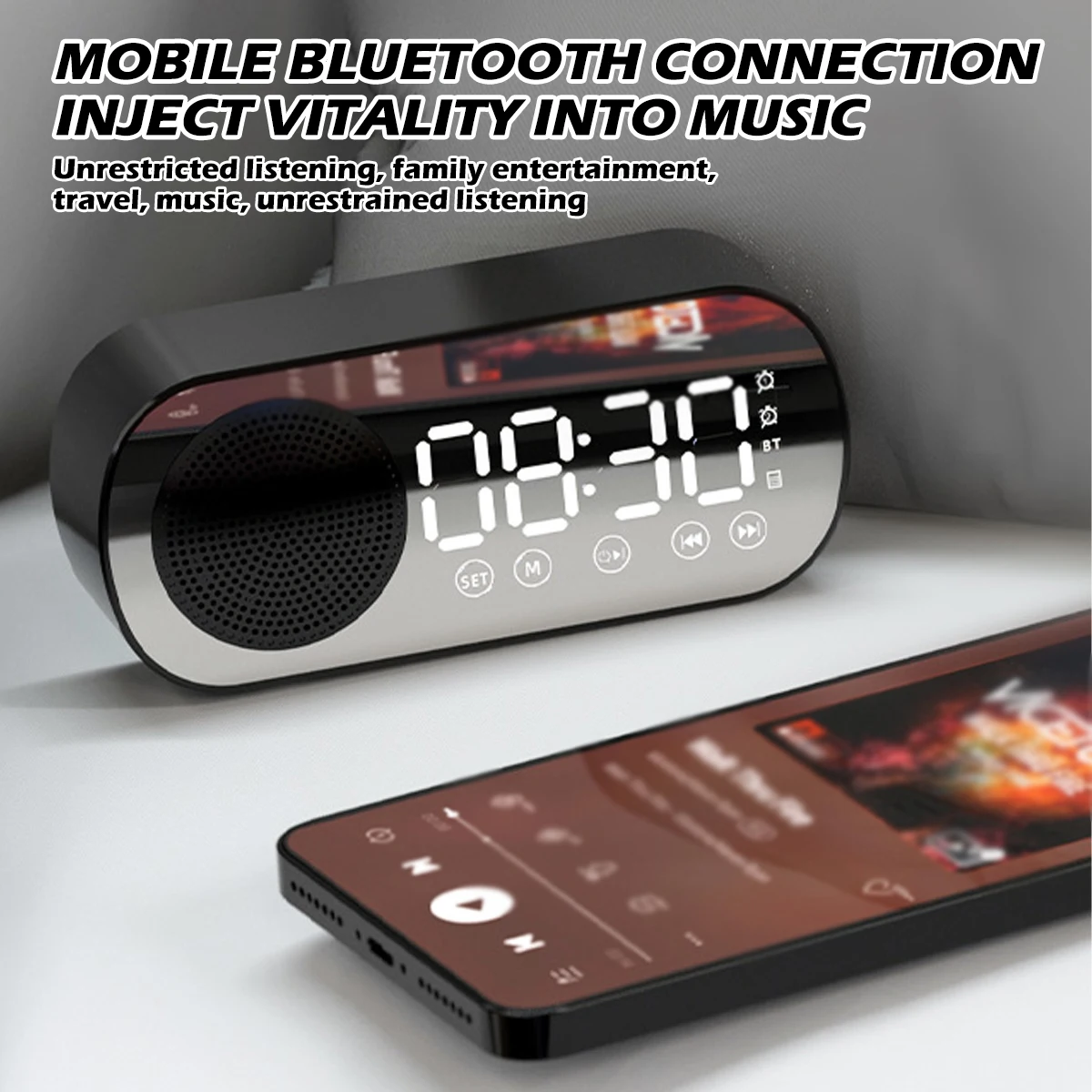 Digital Alarm Clock with Bluetooth 5.0 Speaker LED Display Mirror Desk FM Radio TF Card Play Hands-Free Call Support