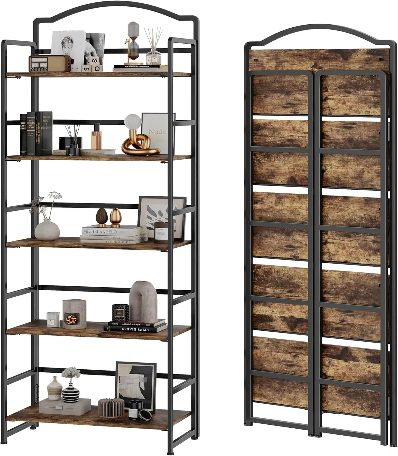 5 Tier Folding Bookshelf, Vintage Wood Foldable Bookcase for Living Room, Bedroom, Office Storage