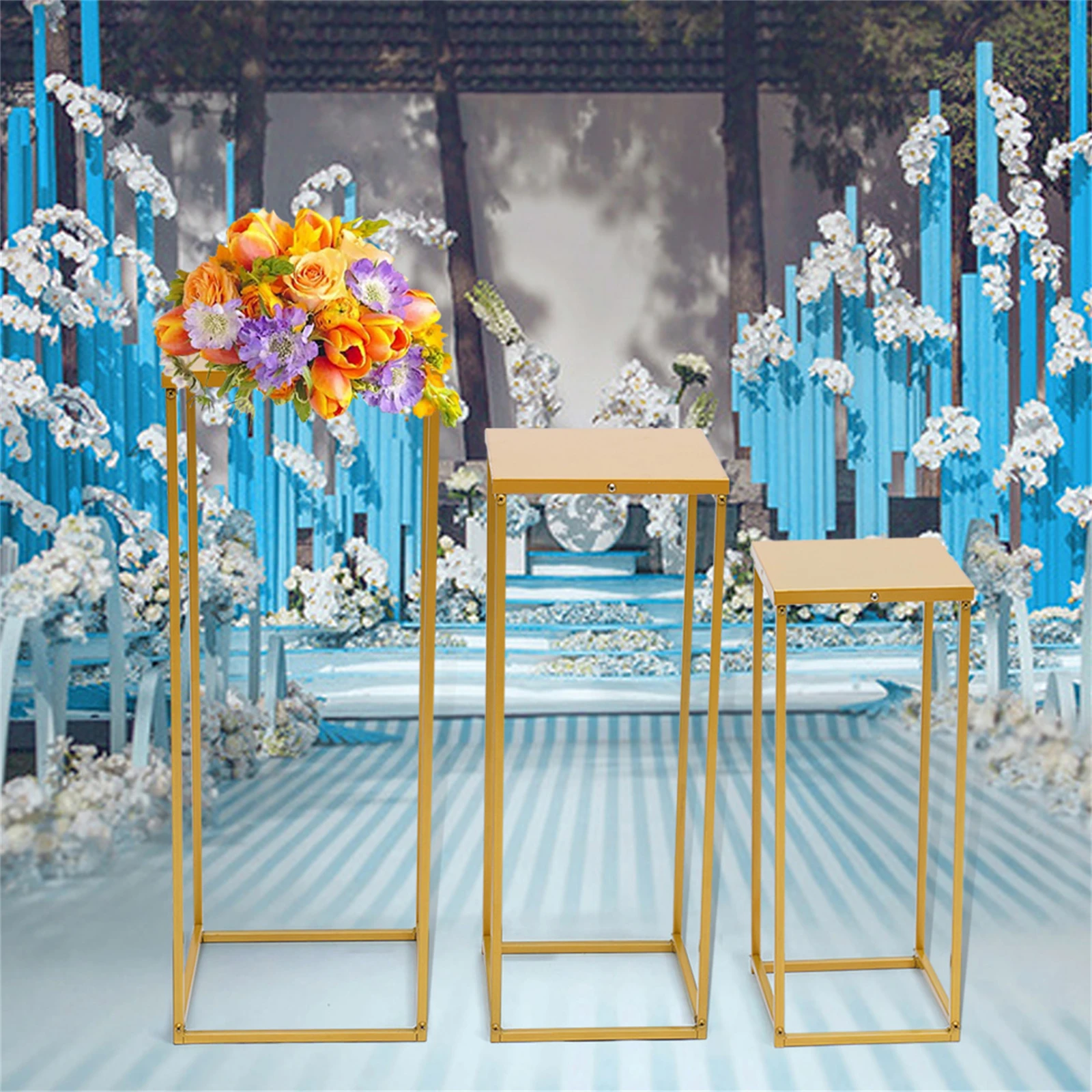 Set of 3 Metal Square Flower Stands Plant Stand Rack Art Column Road Lead Gold/Black Flower Holder For Living Room Wedding Decor