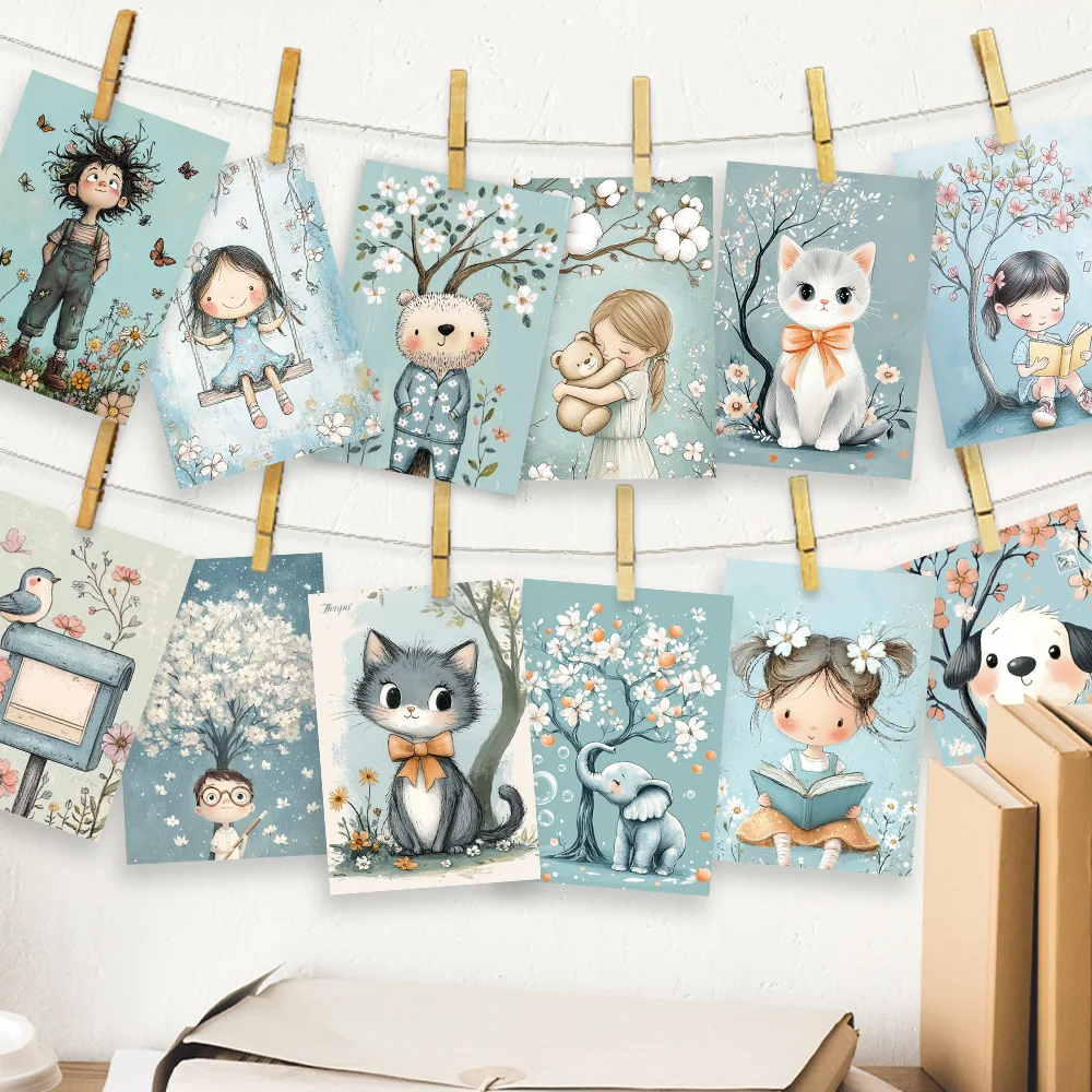 32pcs Fresh Healing Fairy Tale Illustration Postcards, Holiday Greeting Cards, Living Room Decor, Student Gift, Thick Cardstock