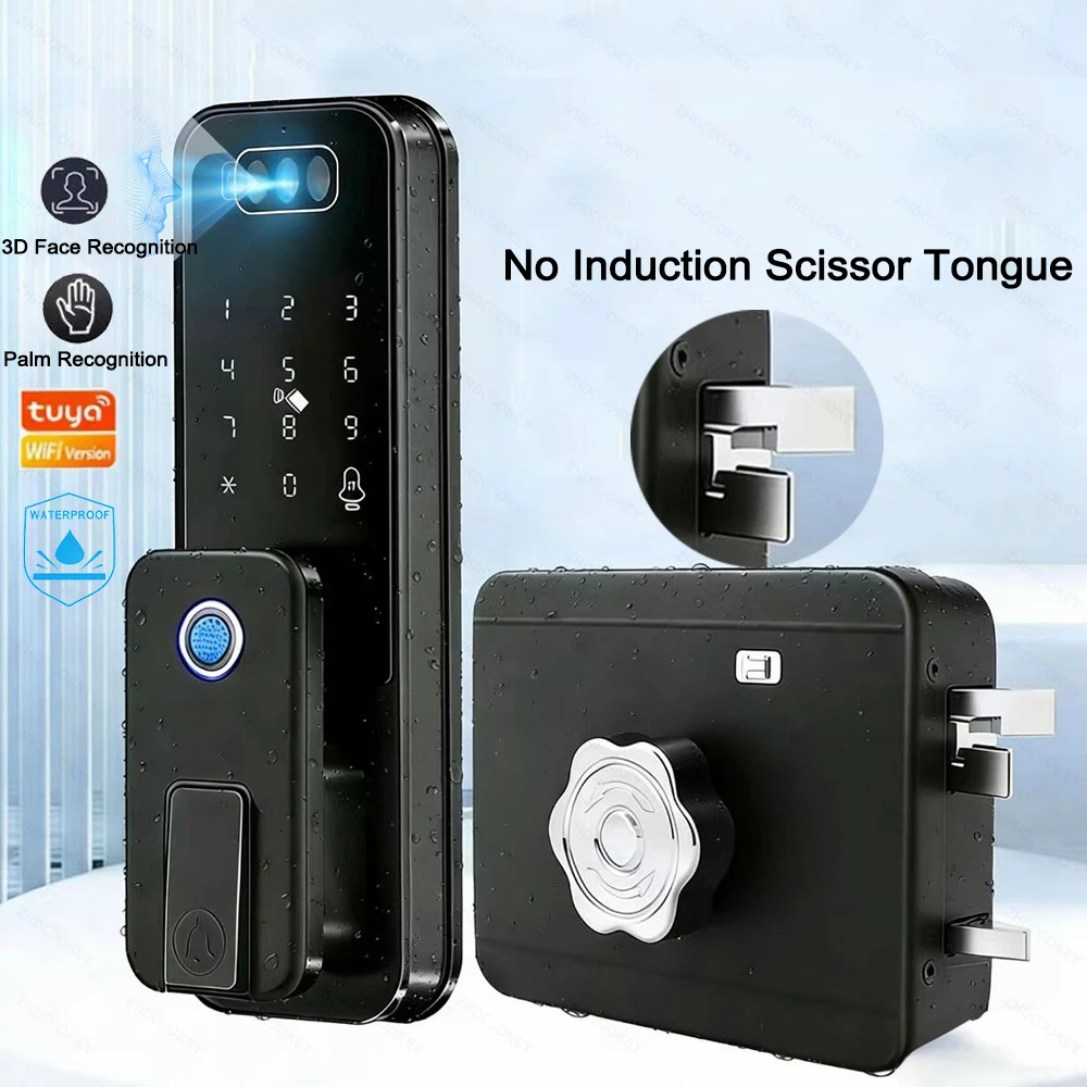 Smart Door Lock Waterproof Palm Vein Scan 3D Face Recognition Tuya Wifi Compatibl with APP Fingerprint Password IC Card Code Key