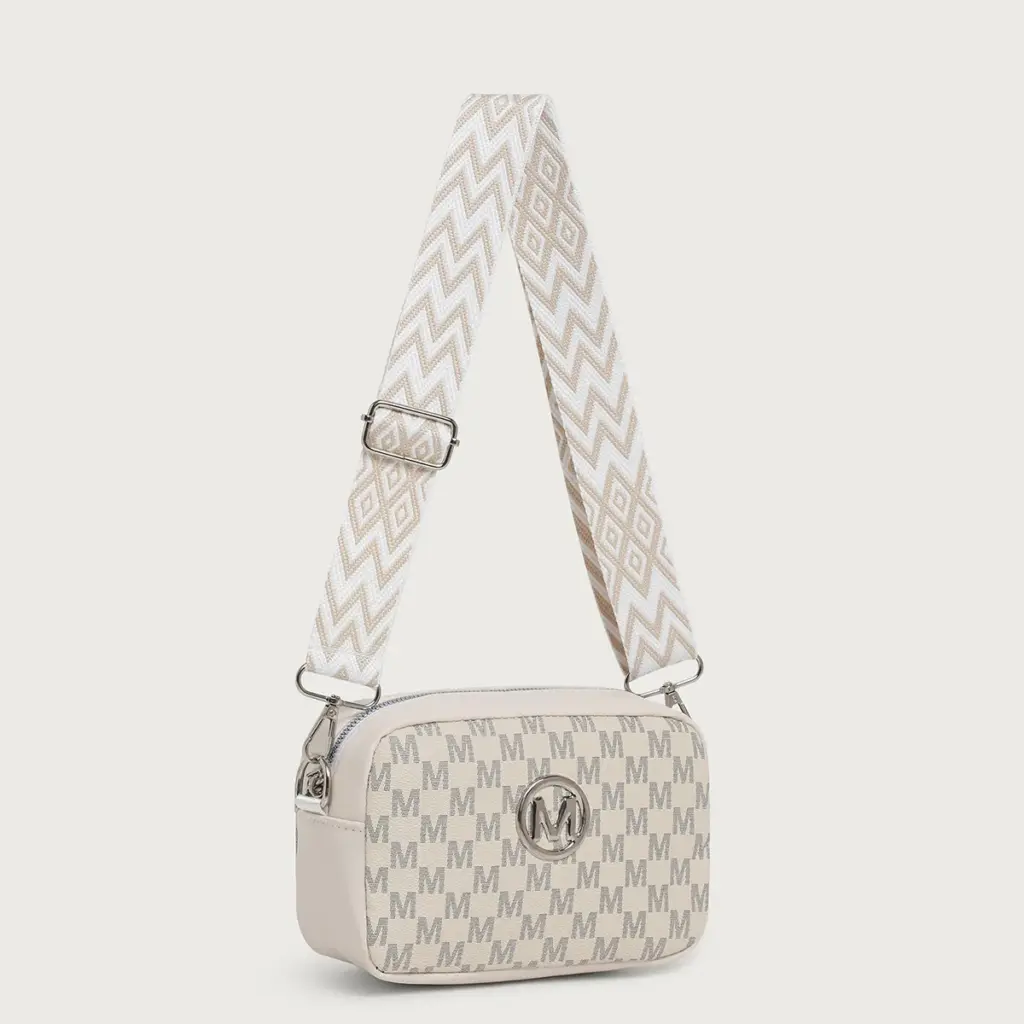 Retro M Pattern Design Female Crossbody Bag, Stylish Ladies Shoulder Bag, Wide Strap Phone Coin Purse for Women Work Party Date