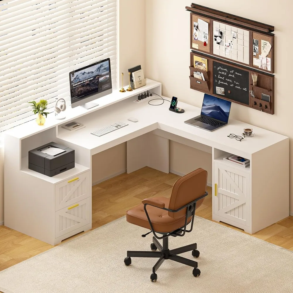 -For63" Farmhouse L Shaped Executive Desk with Drawers & Storage Shelf, Corner Computer Desk with Power Outlets, L Shaped&