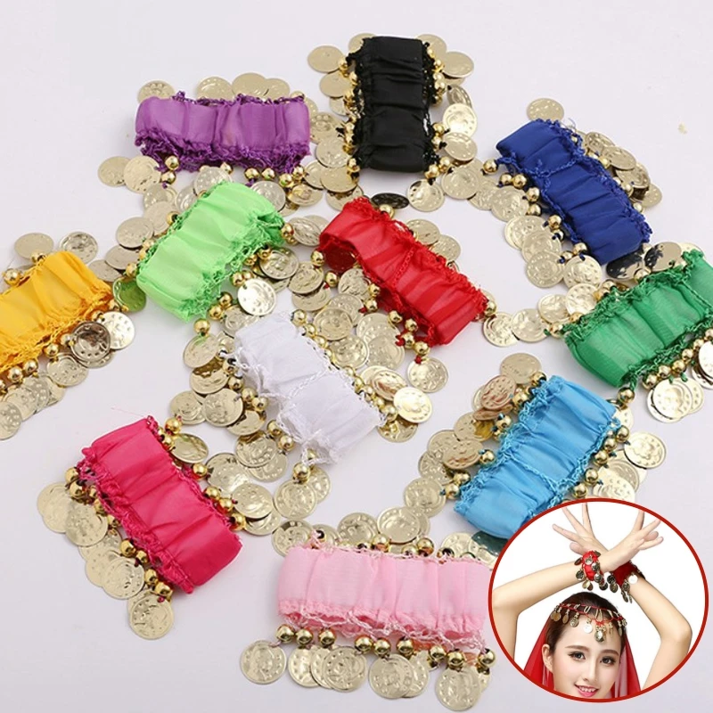 1Pcs Belly Dance Metal Coin Bracelets Belly Dancing Wrist Ankle Cuffs Bracelets Chiffon Gold Coin Belly Dance Accessories