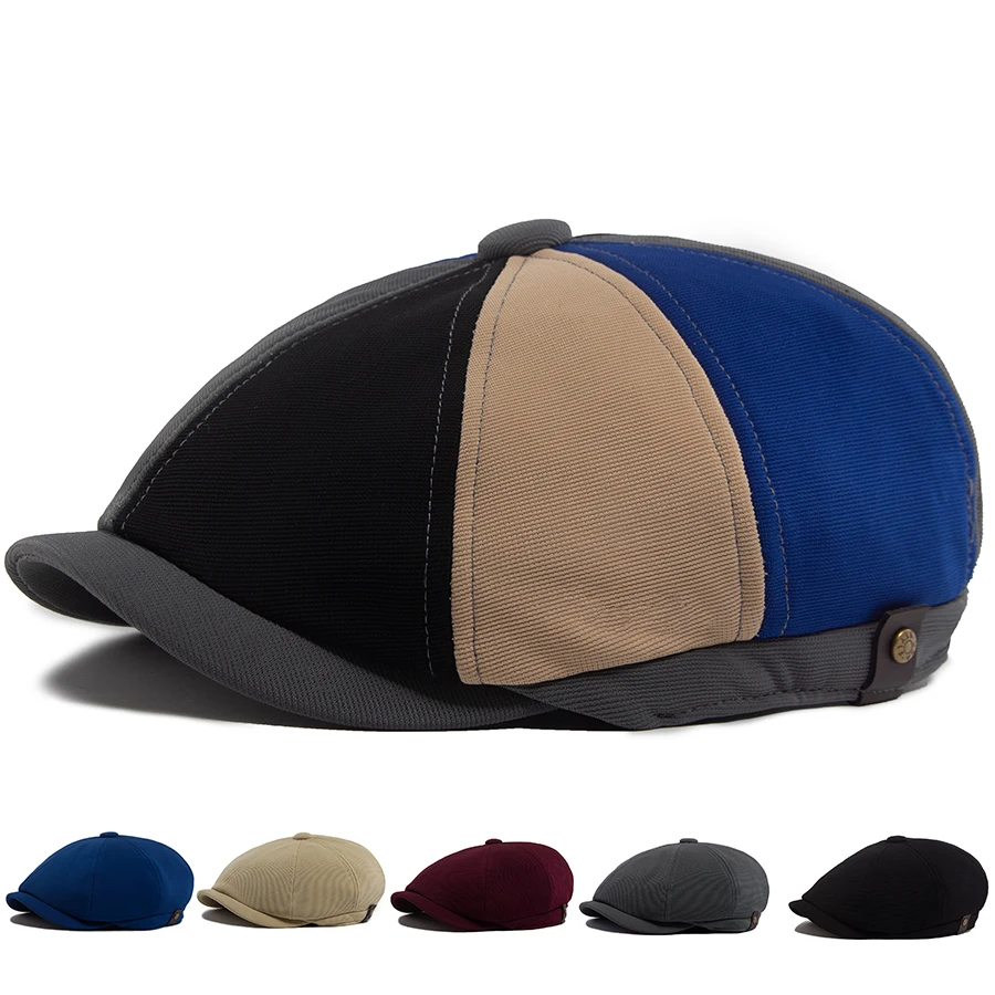 Beret Men&Women Spring Autumn Solid Patchwork Vintage Newsboy Cap Female Casual Retro Hat For Unisex Elastic Head Circumference