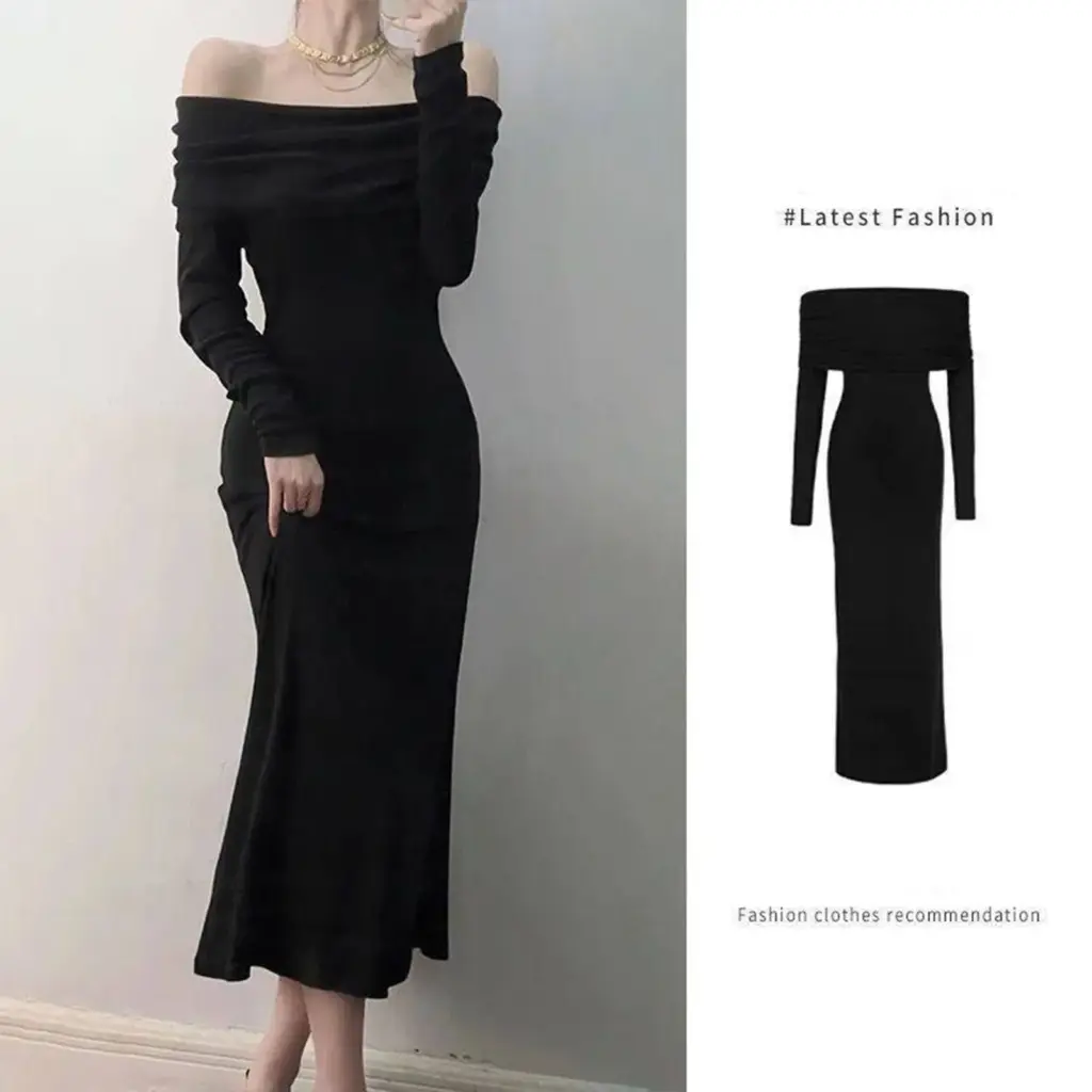 Elegant Off Shoulder Maxi Dress Bodycon Sweater Dress Solid Color Long Sleeve Knitted Party Dresses
