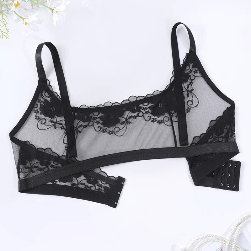 1pcs Plus Size 1XL-4XL Sexy Lace Women's Bras No Pad Breathable Sexy Lingerie 3/4 Cup Black Female Underwear Perspective Bra