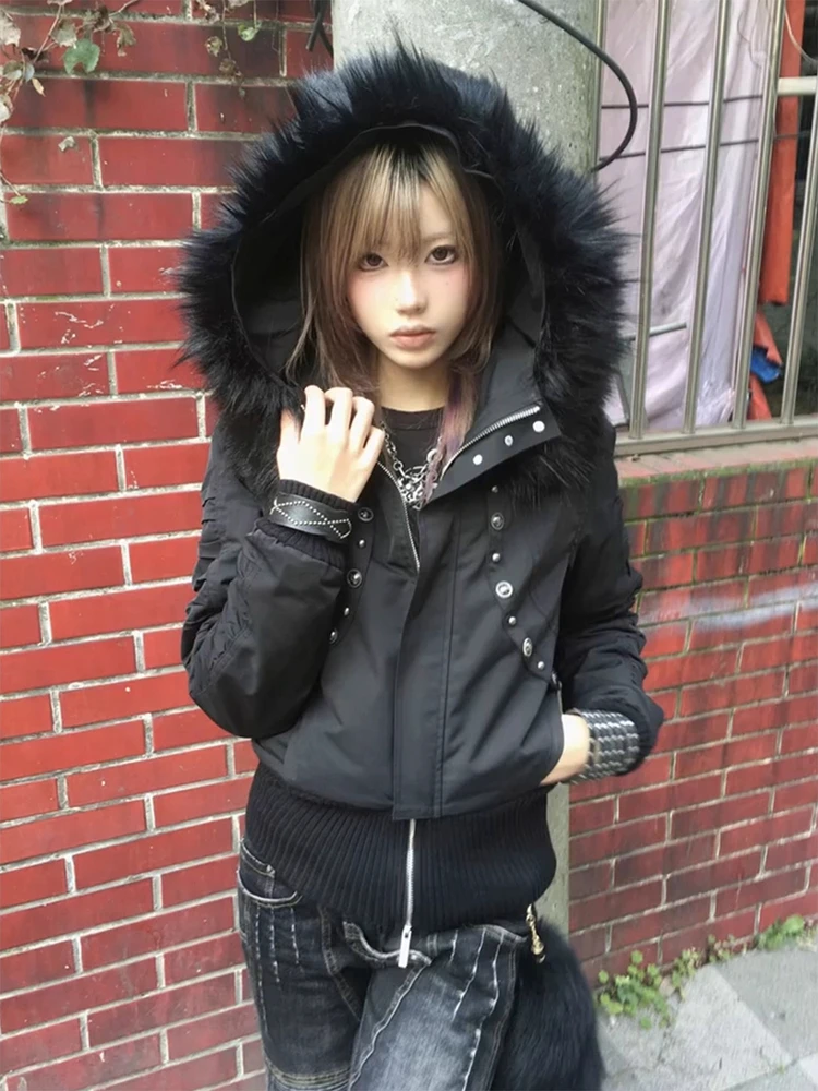 Y2K Subculture Thiened ort Parka Sle Women's Jaet Bla Fur Collar Hooded Coat Warm Slim Fit Winter Cotton Outerwear