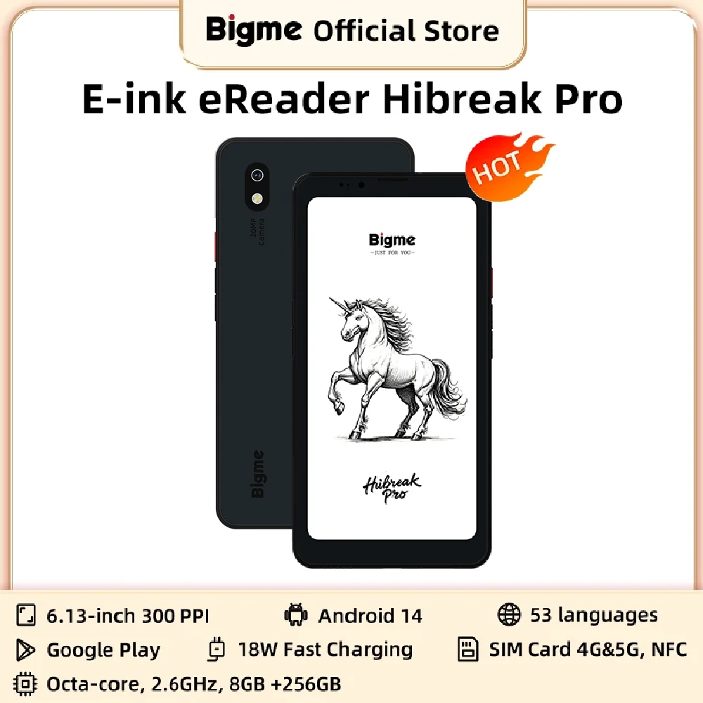 Bigme Hibreak Pro Ebook Reader, 6.13‘’ B&W E-ink Screen, 300PPI, Dimensity 1080 CPU, 8GB+256GB, Android 14 OS ereader w/NFC