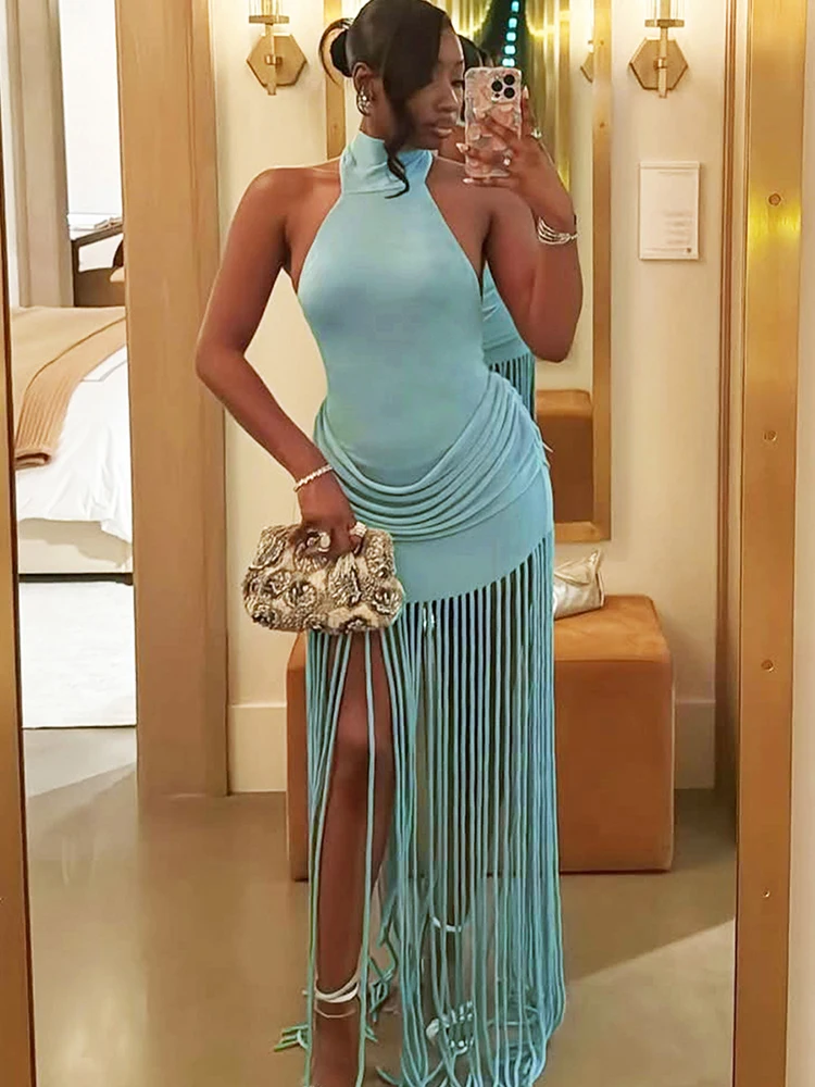 Weird Puss Halter Turtleneck Dress Women Velvet Ruched Patchwork Tassel Hem Elegant Sexy Backless Valentine's Day Party Bodycon