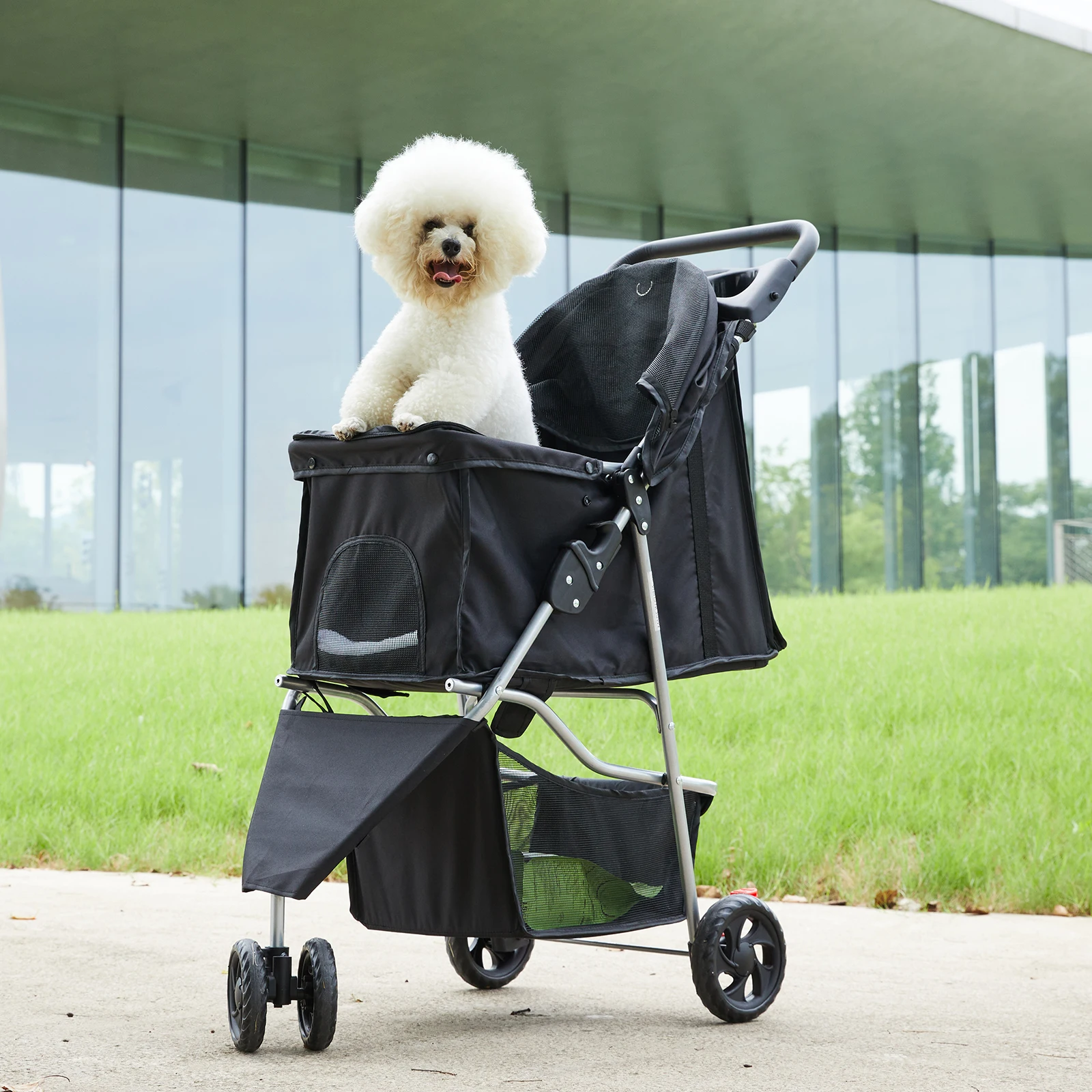 JHK 3 Wheels Foldable Pet Stroller for Small Dogs and Cats Stroller with Mesh Windows Storage Basket Cup Holder for Outdoor Use