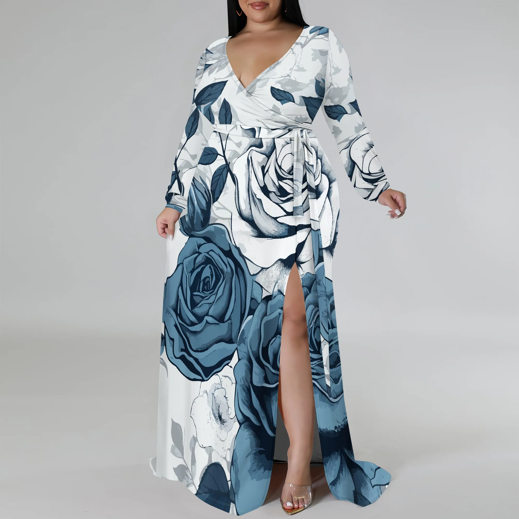 Plus Size Long Sleeve Blue Rose Print Wrap Maxi Dress for Women, Elegant Dress with Side Slit for Special Occasions