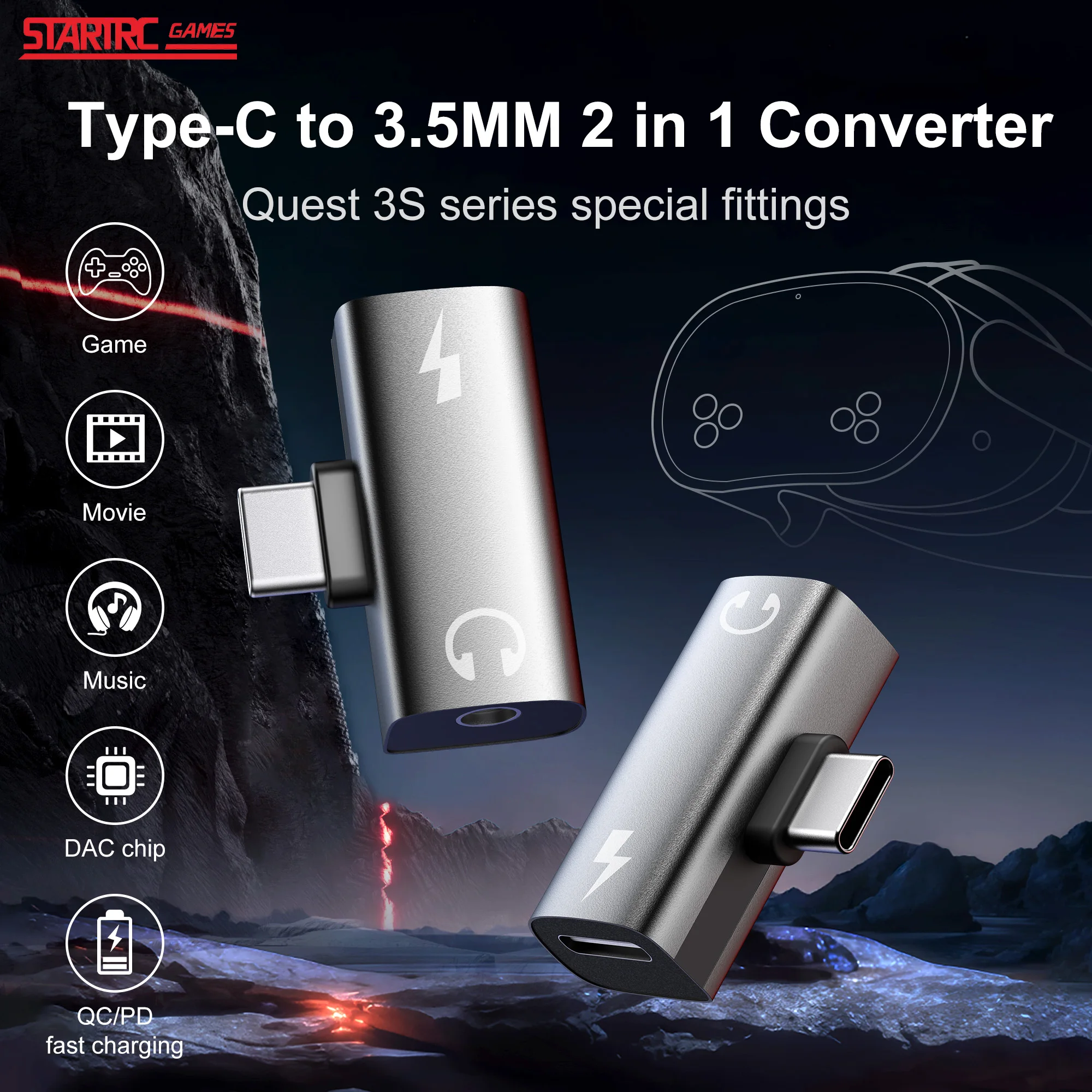 Suitable for Meta Quest 3S VR glasses special adapter type-c to 3.5mm audio port adapter accessories