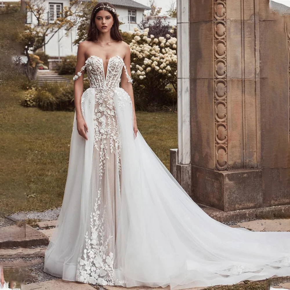 Sexy V-neck Full Lace Applique Mermaid Wedding Dresses Detachable Train 2 In 1 Custom Made Vestido De Noival