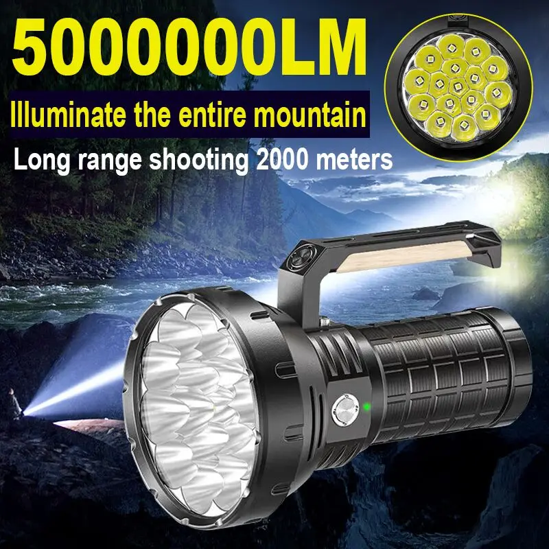Brightest Tactical Flashlight 5000000 Lumen Super Bright Searchlight Built in cooling fan 16pcs XHP50 LED Rechargeable Lantern